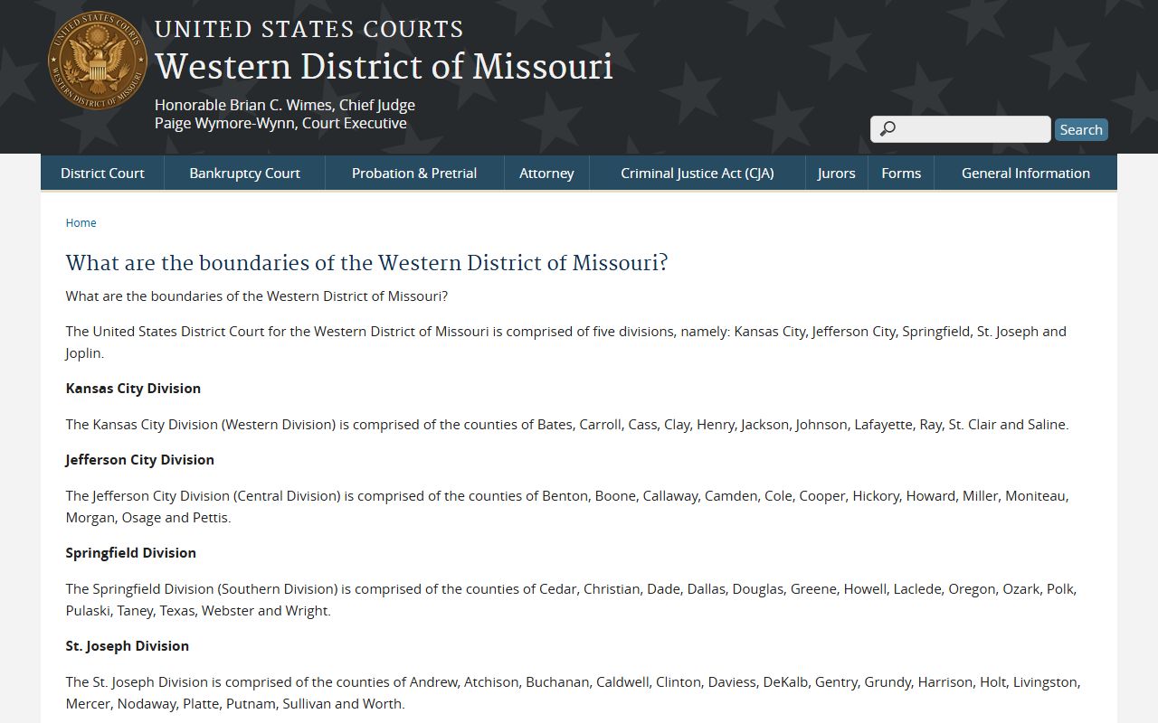 Western District of Missouri county boundary information showing federal court routing