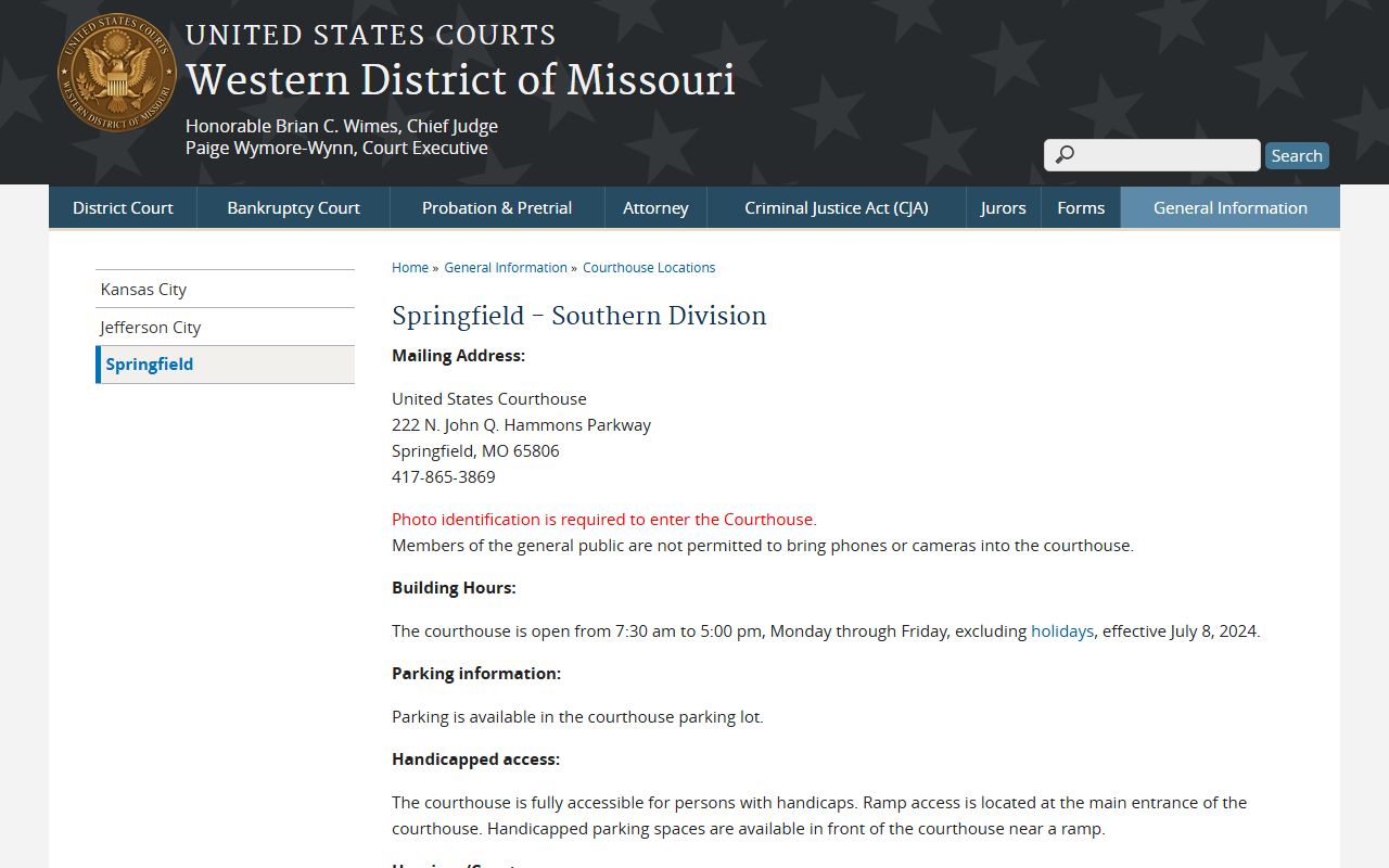 Springfield Southern Division federal courthouse page for Western District of Missouri