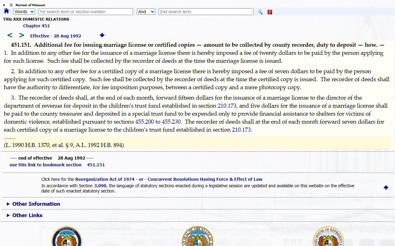 Missouri statute page for marriage license and certified copy additional fees