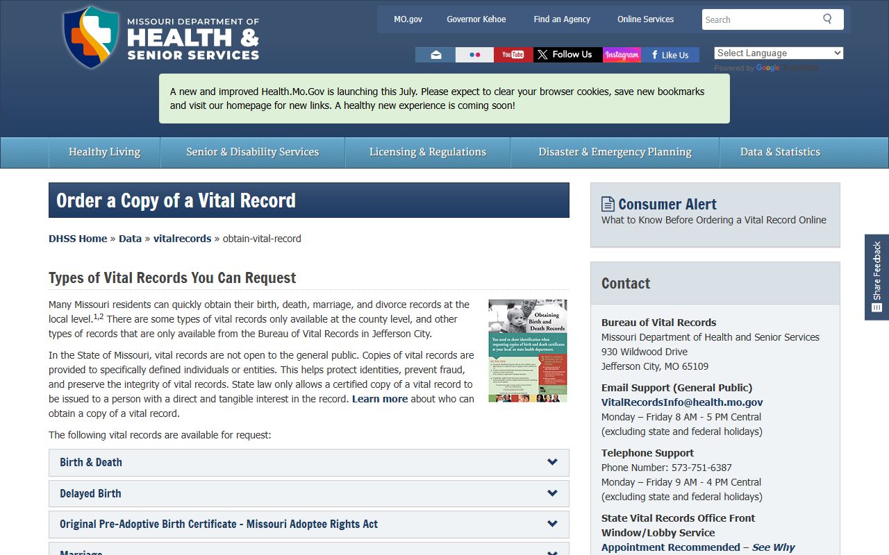 Missouri DHSS vital records page for marriage and divorce statement access