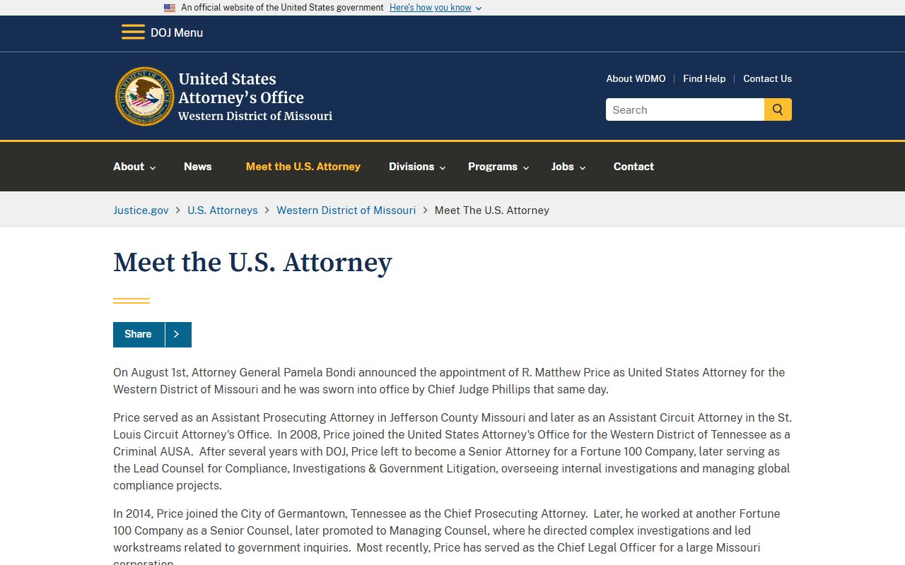 Western District of Missouri U.S. Attorney profile page separate from probate court records