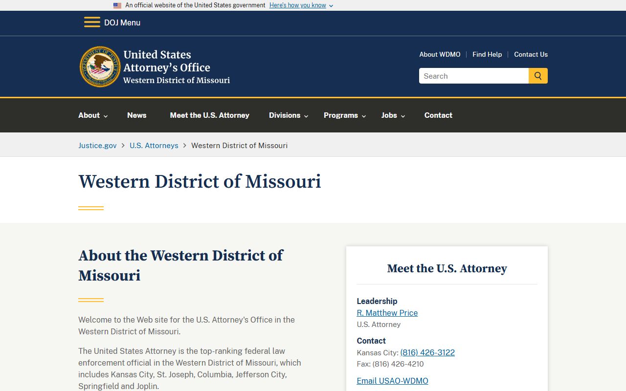 Western District of Missouri federal prosecutor page, separate from Dallas County probate records