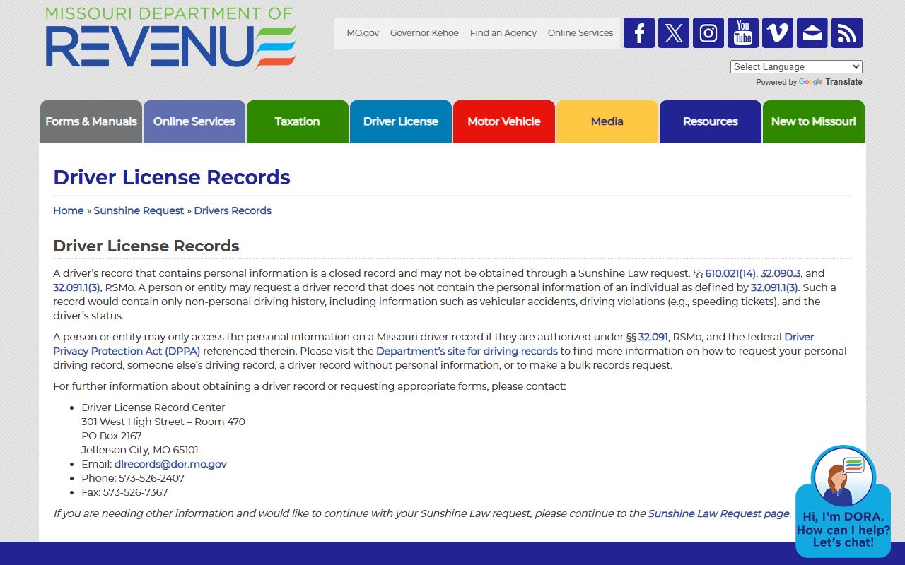 Dallas County traffic court records Missouri DOR driver records page